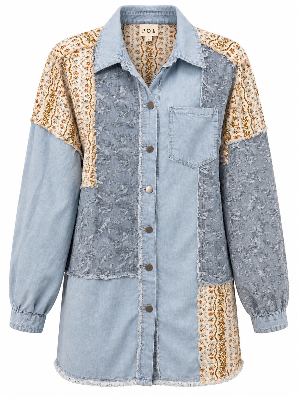 POL Oversized Denim Chambray Patchwork Cotton Button Up Top / Shacket